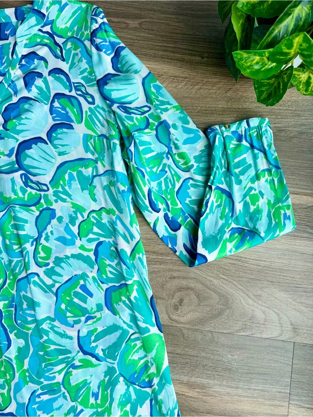 Lilly Pulitzer Delphine Stretch Silk Tunic Dress Agate Green Lazy River Floral M